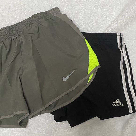Nike green running shorts and adidas black striped shorts bundle - Picture 1 of 7
